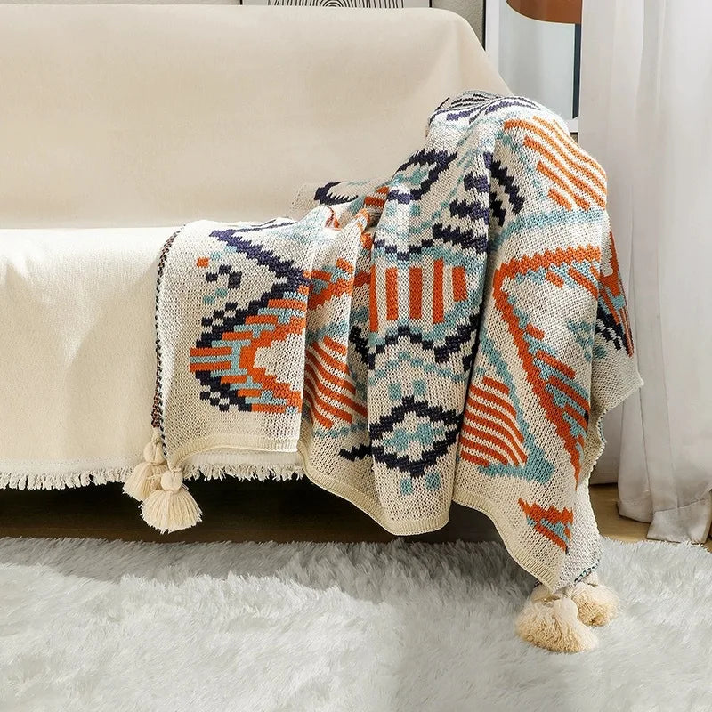 Boho Geometric Knitted Throw Blanket