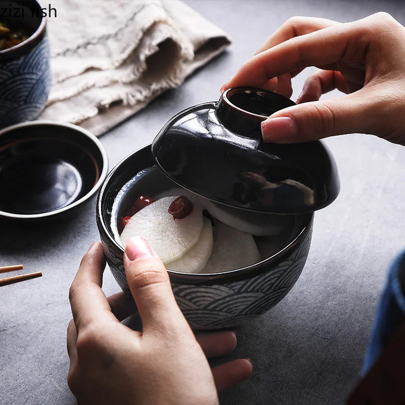 Japanese Hand-Painted Ceramic Bowl with Lid