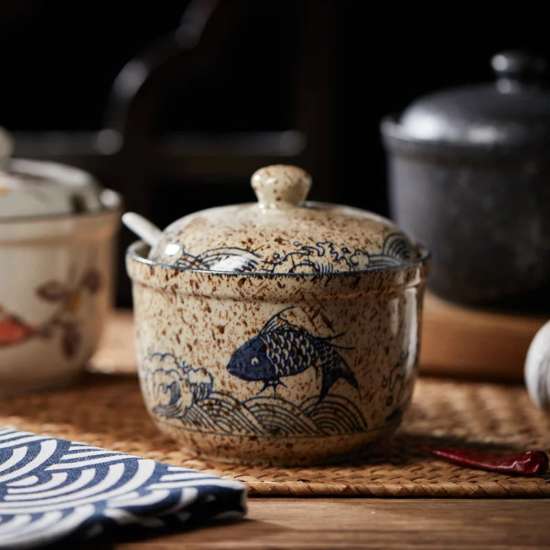 Japanese-Style Ceramic Sugar or Creamer Jar with Lid & Spoon