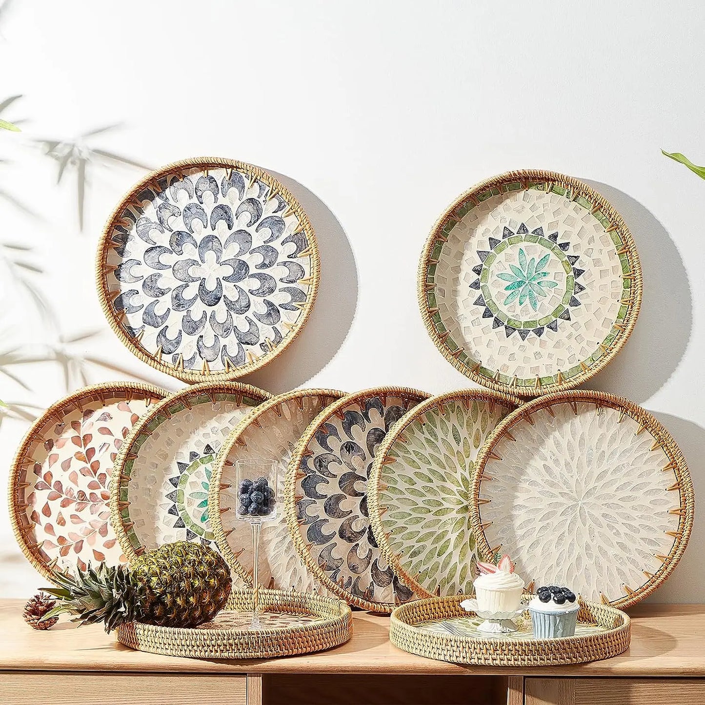 Rattan Serving Tray with Mother-of-Pearl Inlay