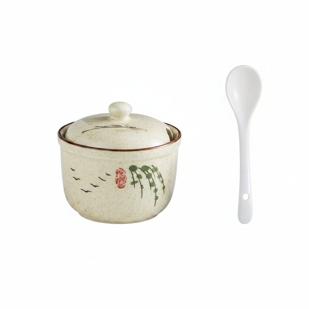 Japanese-Style Ceramic Sugar or Creamer Jar with Lid & Spoon