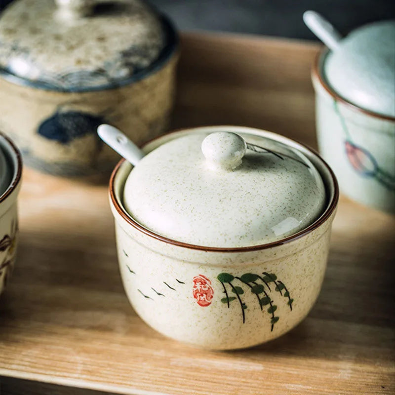 Japanese-Style Ceramic Sugar or Creamer Jar with Lid & Spoon