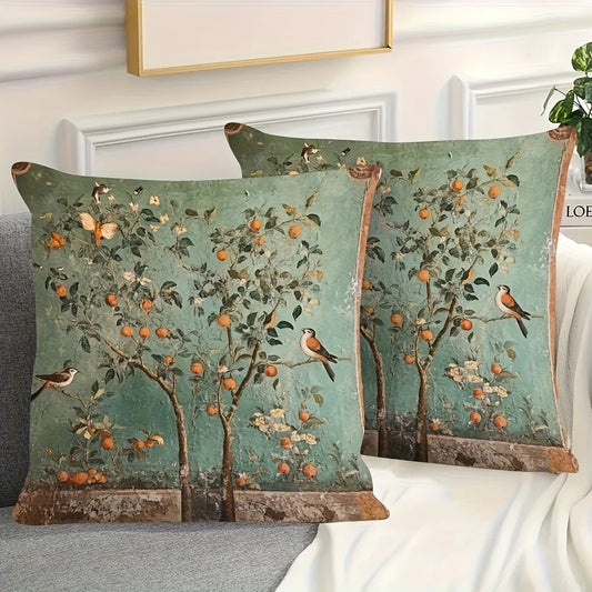 Vintage Orange Tree & Bird Decorative Cushion Covers — 2 Pieces