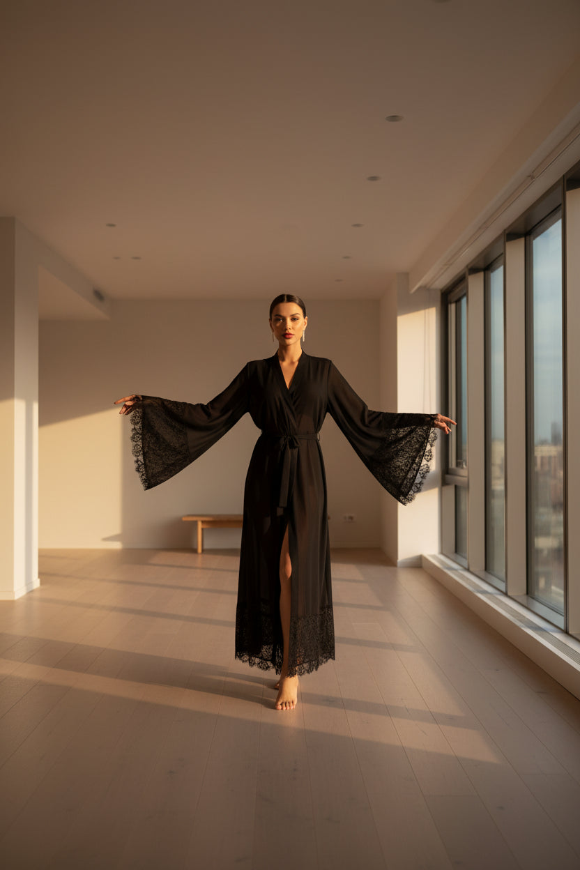 Luxury Sheer Tulle Bridal Robe with Lace Sleeves