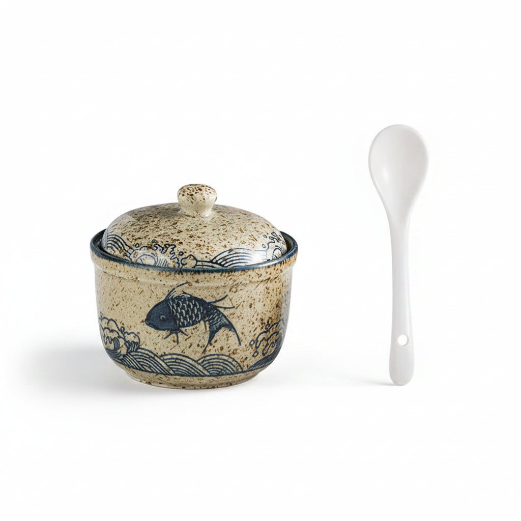 Japanese-Style Ceramic Sugar or Creamer Jar with Lid & Spoon