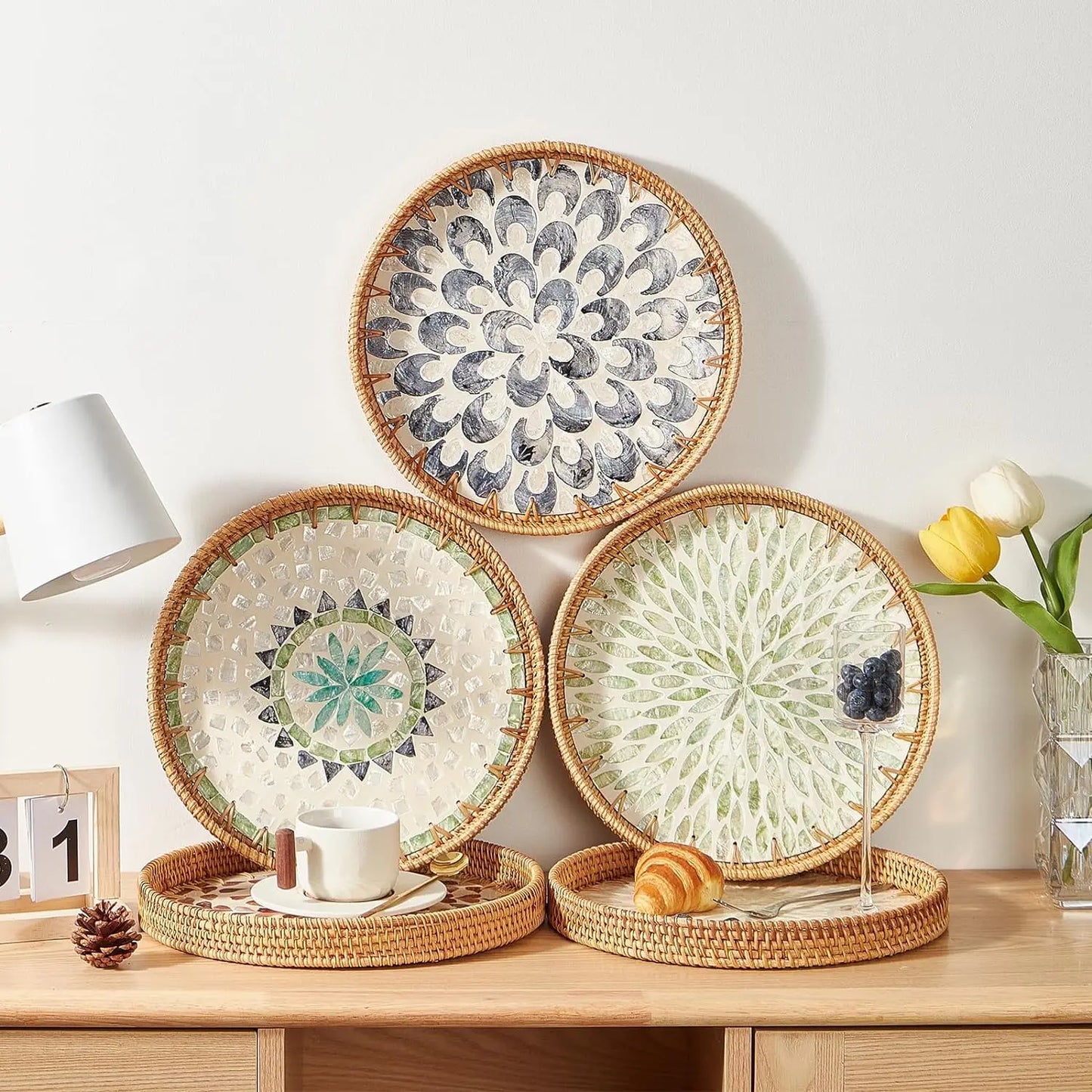 Rattan Serving Tray with Mother-of-Pearl Inlay