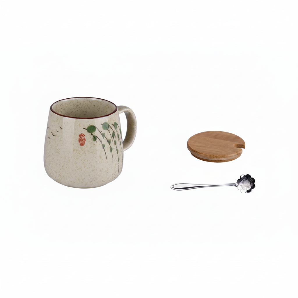 Japanese Ceramic Coffee Mug with Lid & Spoon
