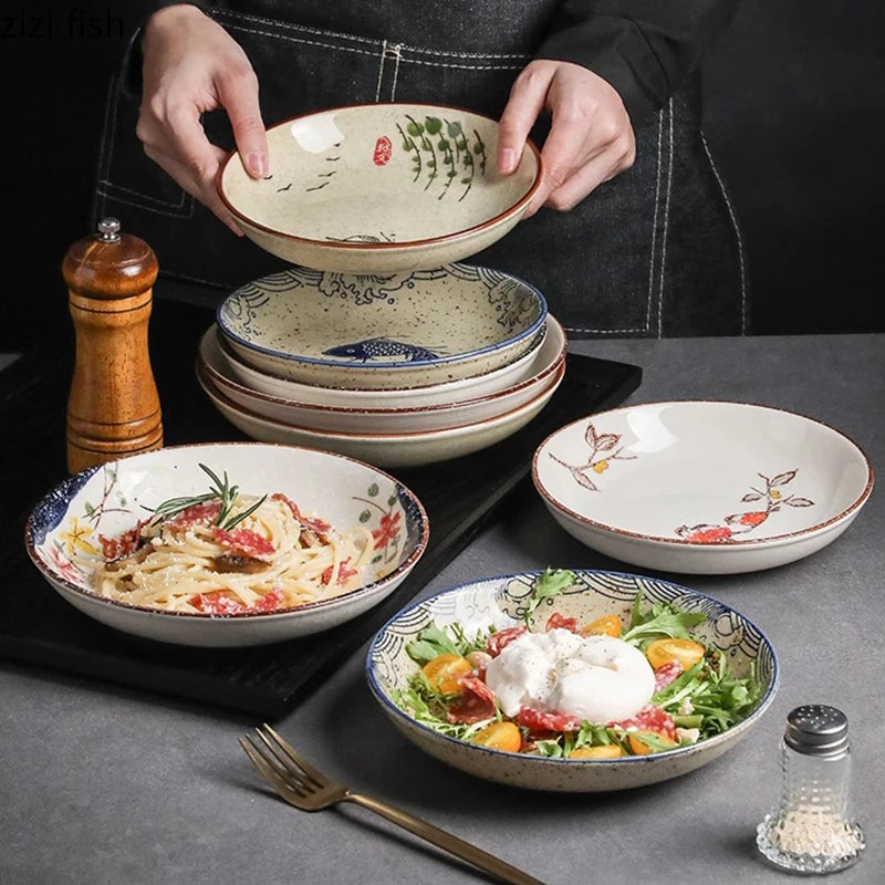 Retro Underglaze Ceramic Deep Dinner Plate