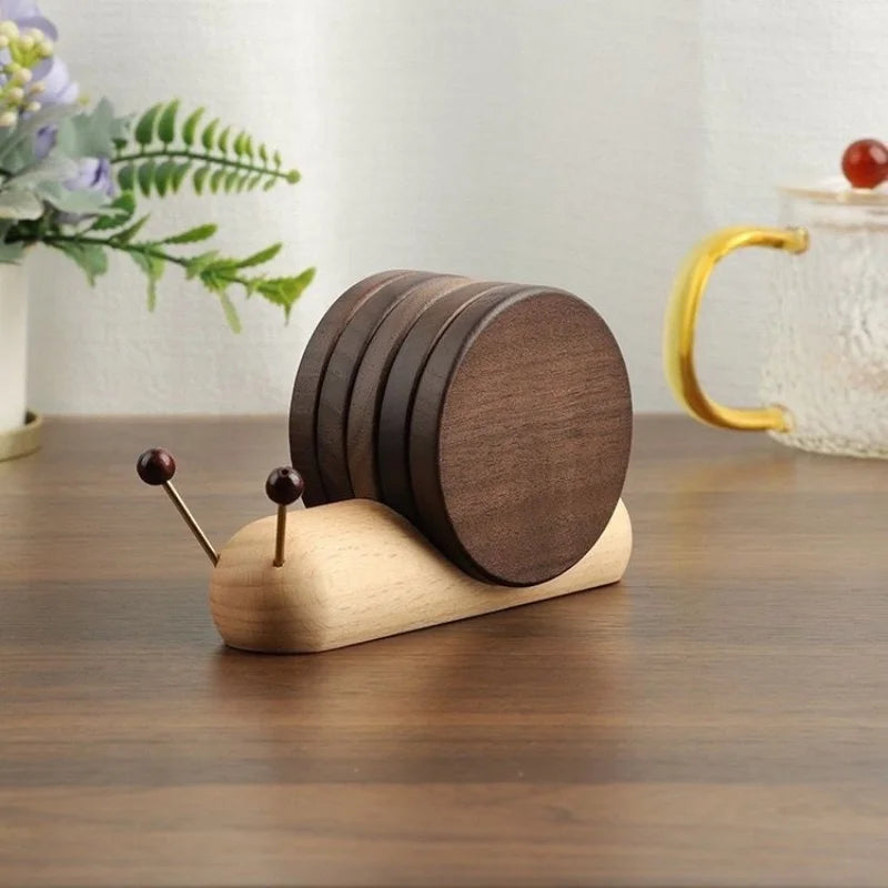 Wooden Coaster Set with Snail Holder
