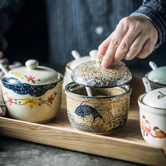 Japanese-Style Ceramic Sugar or Creamer Jar with Lid & Spoon