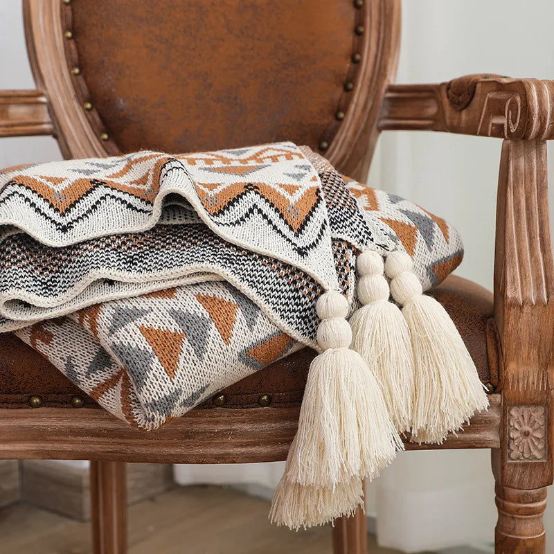 Boho Geometric Knitted Throw Blanket