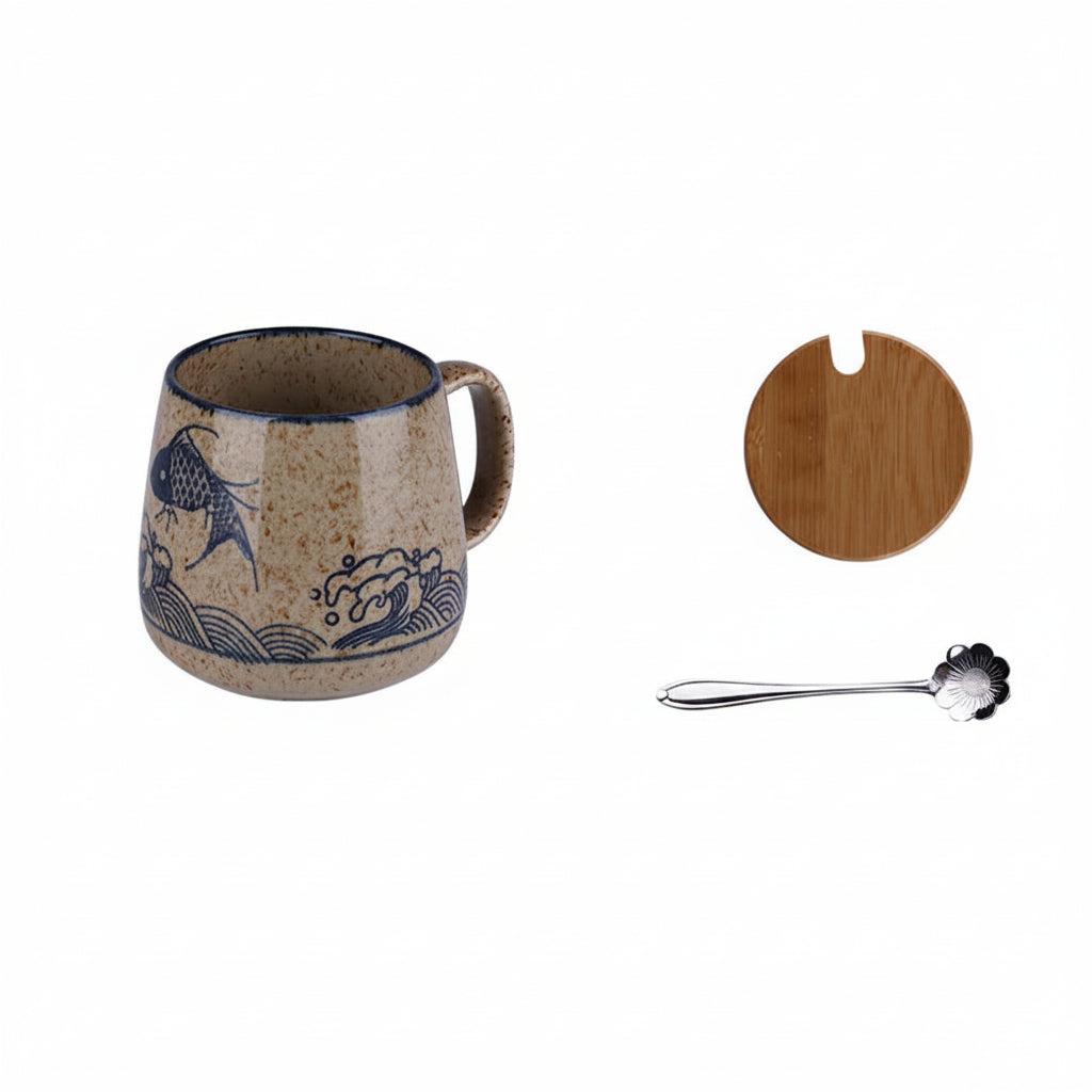 Japanese Ceramic Coffee Mug with Lid & Spoon