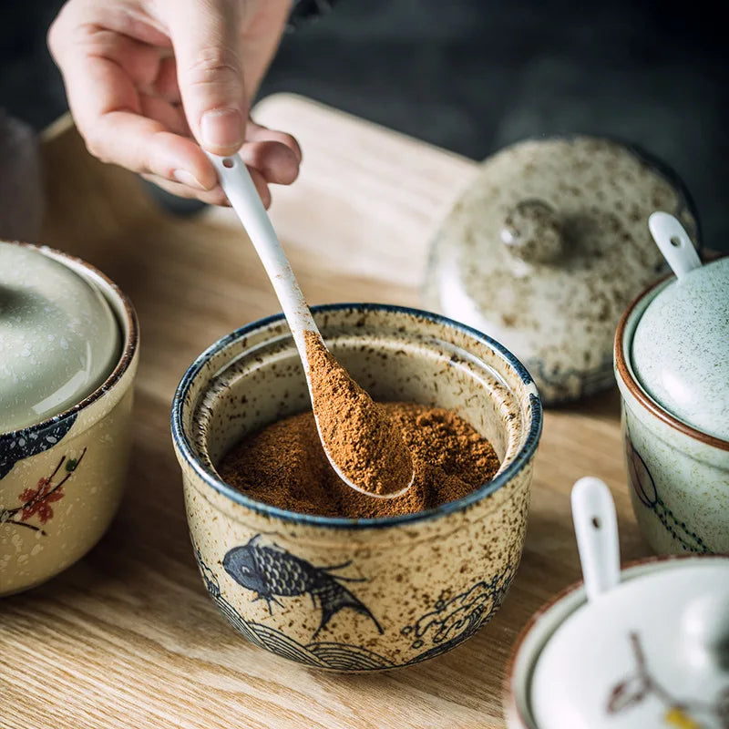 Japanese-Style Ceramic Sugar or Creamer Jar with Lid & Spoon