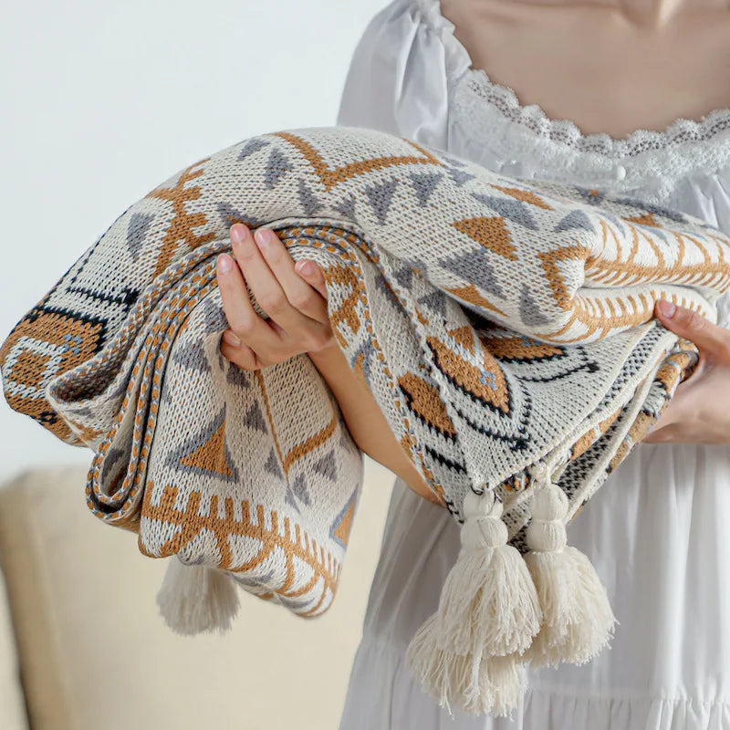 Boho Geometric Knitted Throw Blanket