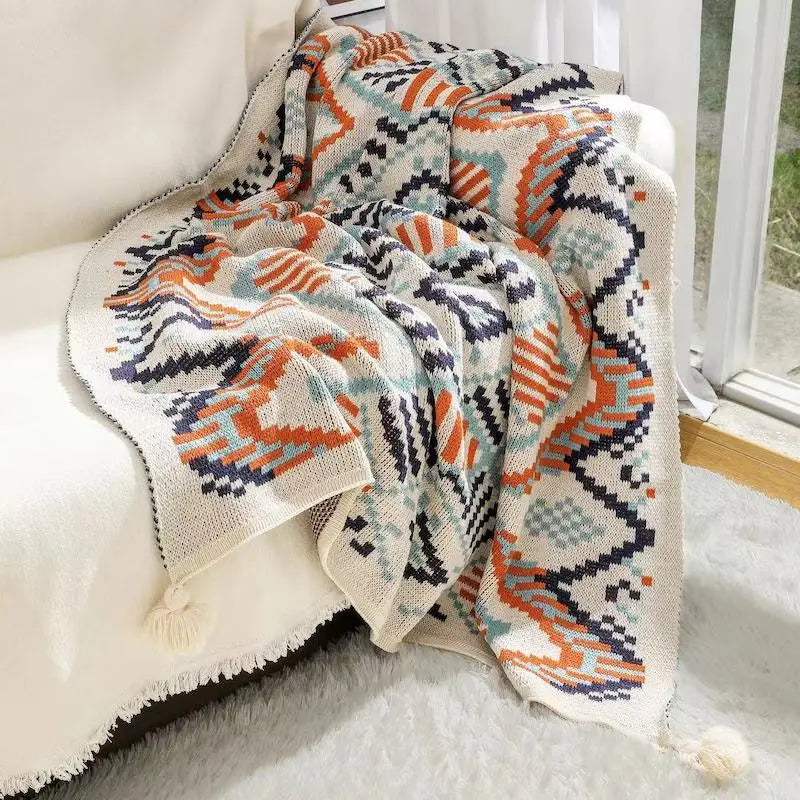 Boho Geometric Knitted Throw Blanket