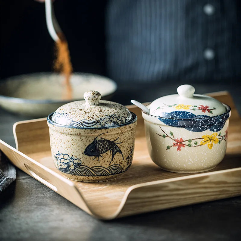 Japanese-Style Ceramic Sugar or Creamer Jar with Lid & Spoon